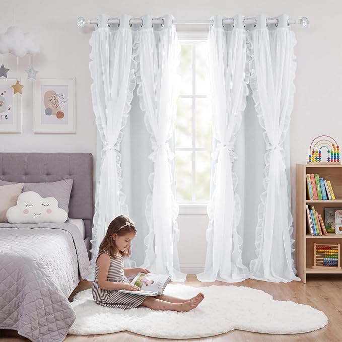 PONY DANCE 100% Blackout Curtains for Girl's Bedroom, Double Layer Grommet Curtain 84 inch Long with Sheer Overlay for Living Room, Nursery Kids Toddler Room Decor, White, 52" W x 84" L, 2 Panels
