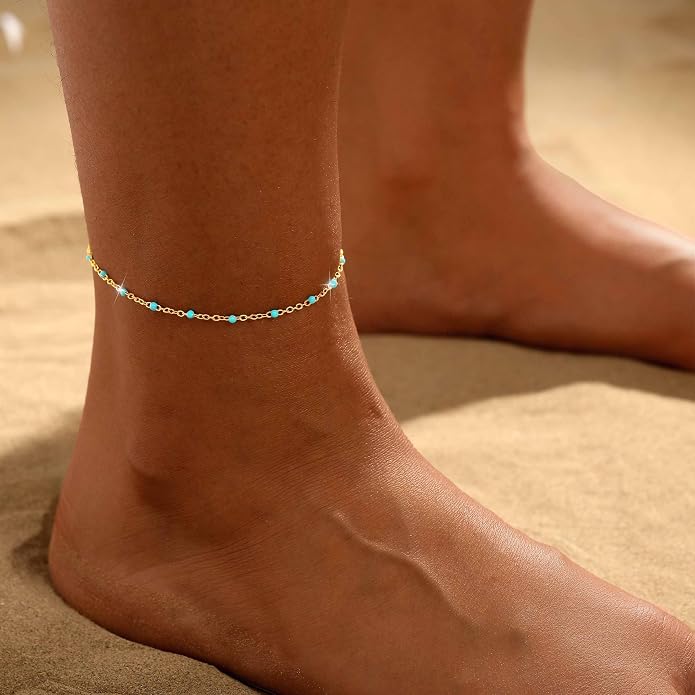 Ankle Bracelets for Women 14K Gold/Silver Plated Cross Heart Bead Anklet Waterproof Adjustable Chain Non Tarnish Cute Boho Trendy Dainty Summer Beach Foot Jewelry Gift for Her