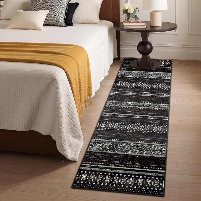 BESTSWEETIE 2x10 Area Rugs for Living Room Washable Moroccan Farmhouse Neutral Geometric Low Pile Non-Slip Soft Print Pattern Rug for Bedroom Kitchen Dining Room Entryway Black/White