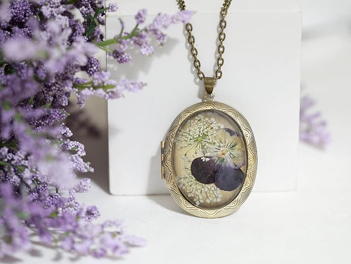 Handmade Oval Shaped Photo Locket with dried Pressed Flowers Locket pendant Necklace