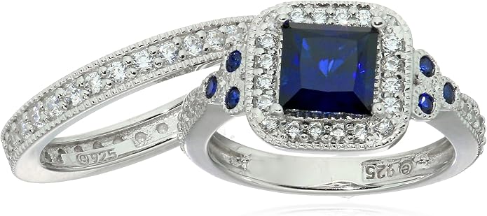 Amazon Essentials Platinum or Gold Plated Sterling Silver Antique Ring set with Asscher-Cut Infinite Elements Cubic Zirconia