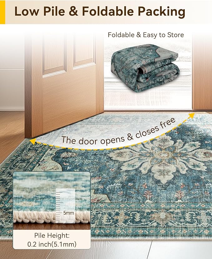 RELEANY Area Rugs 3'x4' Washable Non-Slip, Floral Vintage Distress Medallion Carpet for Living Room Bedroom Dining Room, Dark Blue Vintage