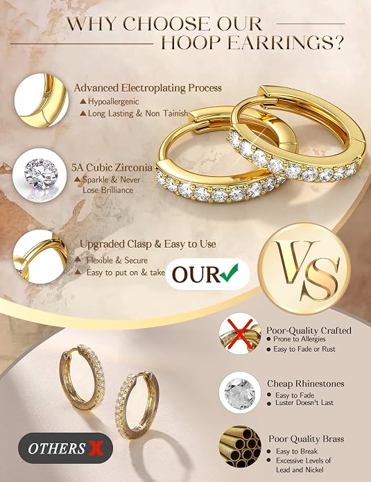 Jstyle 17 Pairs Hypoallergenic Gold Hoop Earrings for Women Flat Back Earrings for Women Surgical Stainless Steel Earrings for Sensitive Ears Small Hoop Cartilage Earring Stack Piercing Jewelry Set