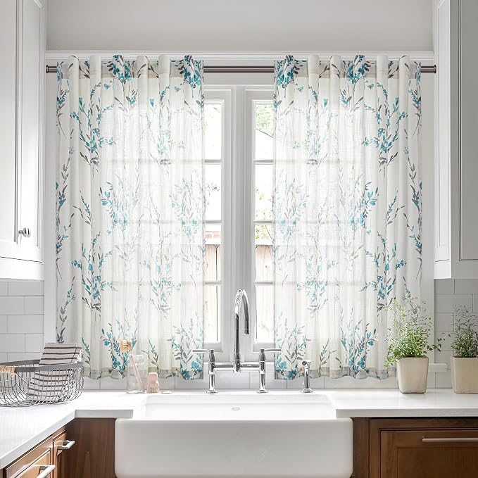 MYSKY HOME Short Curtains 45 inches Length Linen Look Farmhouse Curtains Drapes Cotton Polyester Blend Soft Fabric Light Filtering Privacy Protect, 50x45 inches, Teal, 2 PCs