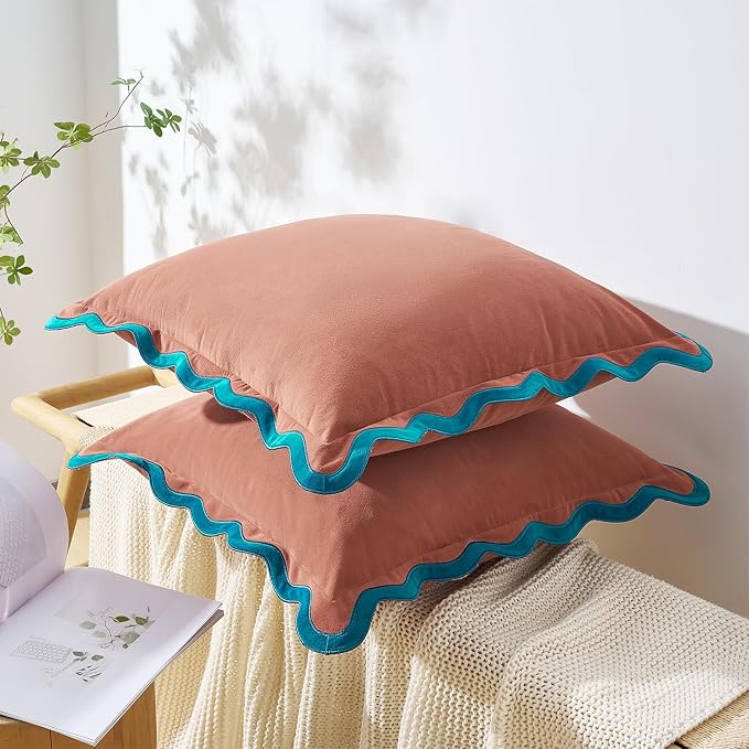 MONDAY MOOSE Decorative Throw Pillow Covers Cushion Cases, Set of 2 Soft Velvet Scalloped Wavy Edge Designs, Mix and Match for Home Decor, Pillow Inserts Not Included (16x16 inch, Teal/Pink)