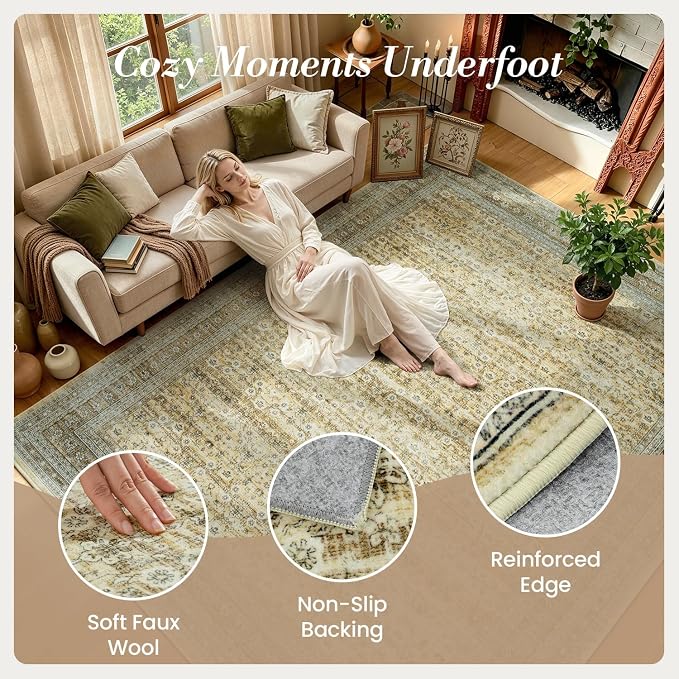 6x9 Area Rugs for Living Room Bedroom, Washable Large Rugs Non-Slip | Vintage Distressed Retro; Low Pile; Stain Resistant; Neutral Boho Carpet for Dining Room, Nursery, Home Office; Oatmeal Beige