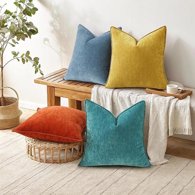decorUhome Chenille Mineral Yellow Throw Pillow Covers 20x20 Set of 2 | Fall Soft Couch Decorative Modern Velvet Pillow Cases with Elegant Design for Sofa Bed Living Room Home Decor