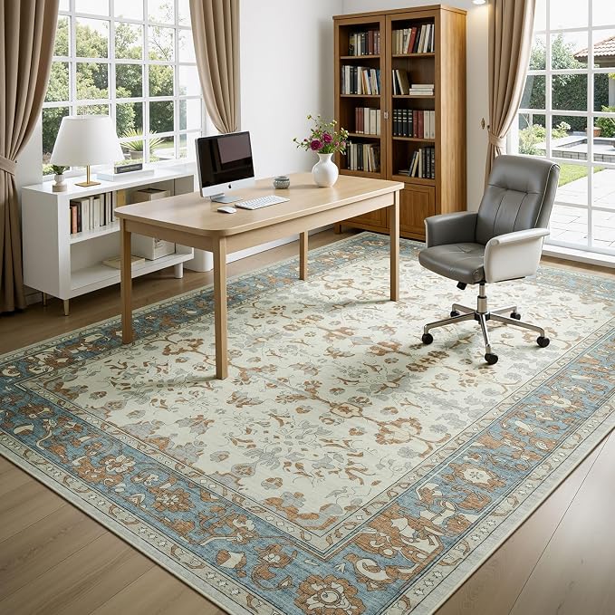 Lessymo Washable Area Rug for Living Room,9x12 Large Rugs with Non-Slip Backing,Soft Boho Carpets for Bedroom Dining Room Nursery Home Office,Light Brow