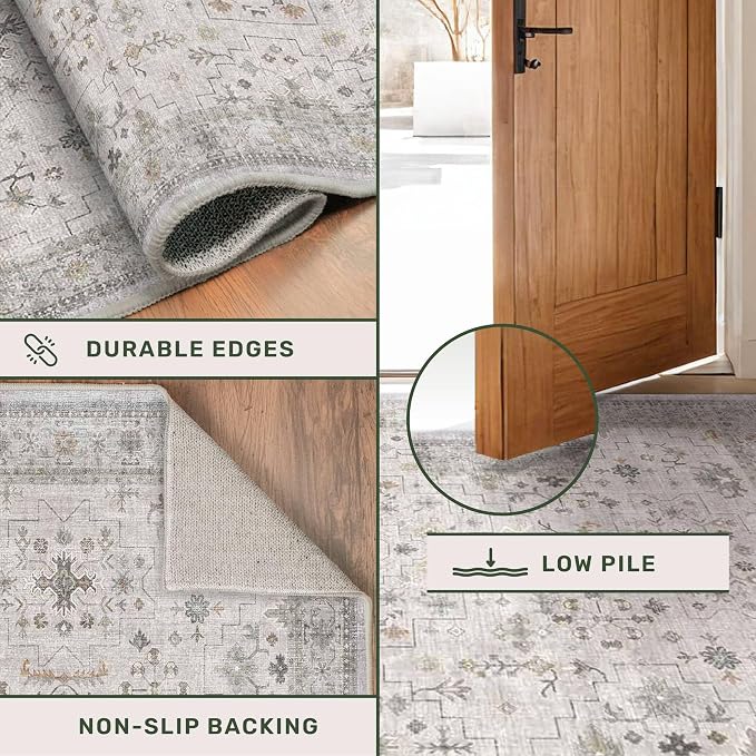 Vintage Boho Living Room Rug 7x9 - Soft Light Gray & Sage Area Rugs for Dining Under Table, Washable Low Pile Non-Slip Large Bedroom Carpet, Modern Eclectic Geometric Neutral Floral Decor