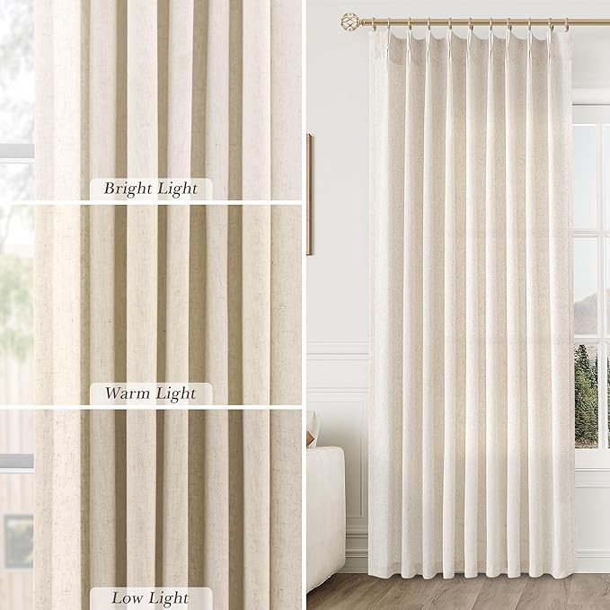 Aersas Natural Pinch Pleat Linen Curtains 106 Inch Length 2 Panels Set for Bedroom Dining Room Semi Sheer Linen Boho Farmhouse Neutral Window Curtains for Living Room Nursery Natural Cream 50x106