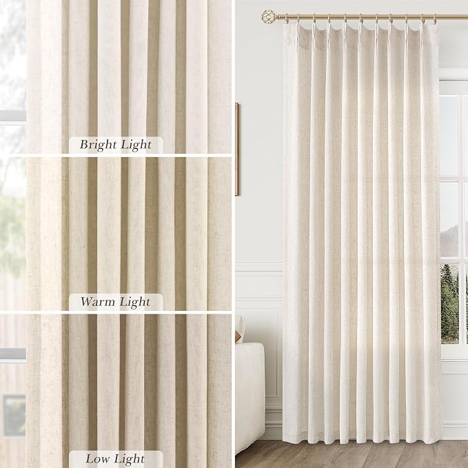 Aersas Natural Cream Pleated Linen Curtains 94 Inches Long for Living Room Bedroom Pinch Pleat with Hooks Back Tab Light Filter Boho Farmhouse Custom Semi Sheer 94 Inch Curtain for Sliding Door