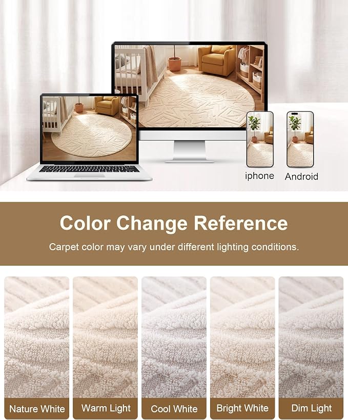 Carvapet 6.5' Round Rug Washable High Low Pile Area Rug Soft Plush Beige Carpet for Living Room Bedroom Non Slip Indoor Floor Rug for Home Kids Nursery Decor