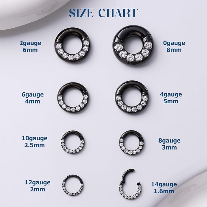 BodyBonita G23 Titanium 0G 2G 4G 6G 8G 10G 12G 14G CZ Septum Rings PA Nose Hoops Clicker Ear Weights for Stretched Ear Piercing Jewelry 10mm 12mm Silver/Gold/Black