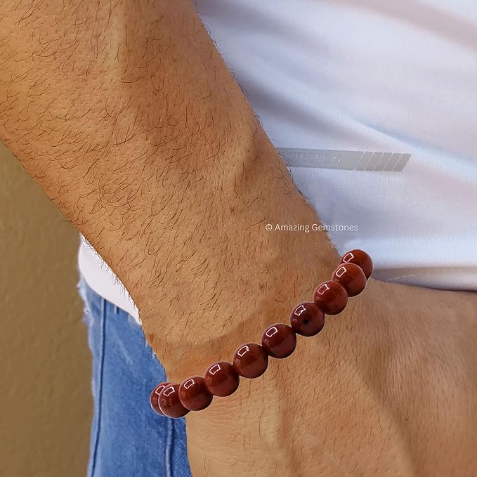 Amazing Gemstone Red Jasper Bracelet, Gifts for Men & Women - Protection Healing Crystal Bracelet - 8mm Gemstone Beaded Adjustable Bracelet, Pulseras para Hombres Mujer Stocking Stuffers