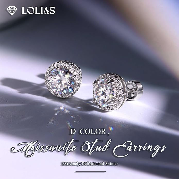 Moissanite Stud Earrings with Flat Back - 925 Sterling Silver D Color VVS1 Moissanite Earring for Women Men,14K White Gold Plated Brilliant Halo Stud Earrings Hypoallergenic Jewelry for Sensitive Ear