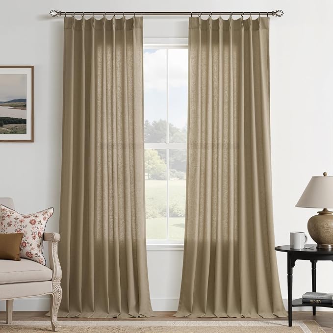 Aersas Linen Brown Pinch Pleated Linen Curtains 96 Inch Length 2 Panels for Living Room Bedroom Semi Sheer Window Curtain Boho Neutral Back Tab Pinch Pleat Drape with Hooks 40x96