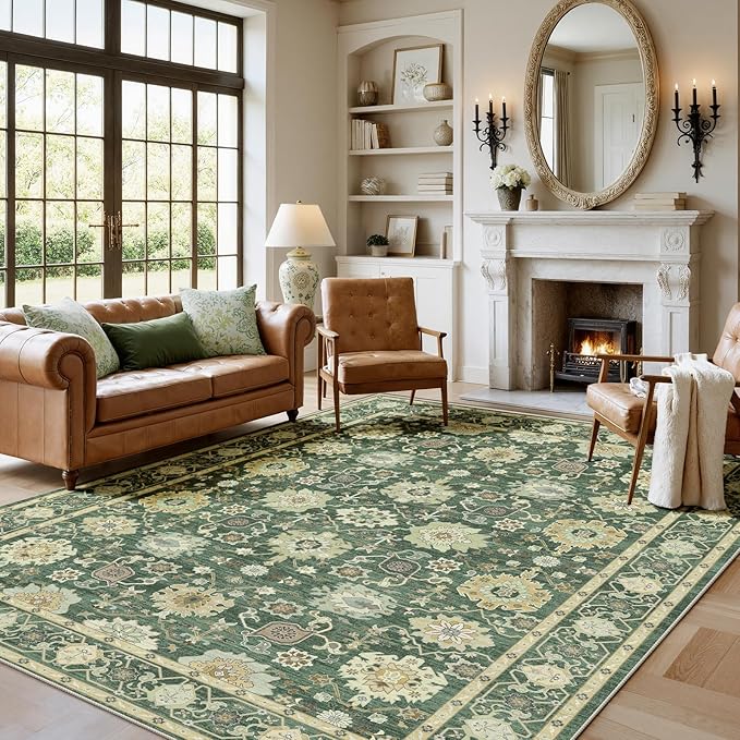 AMADA HOMEFURNISHING 6x9 Area Rug for Living Room, Vintage Washable Area Rug Low-Pile & Non-Slip Carpet for Bedroom Dining Room Nursery Home Office, Olive Green
