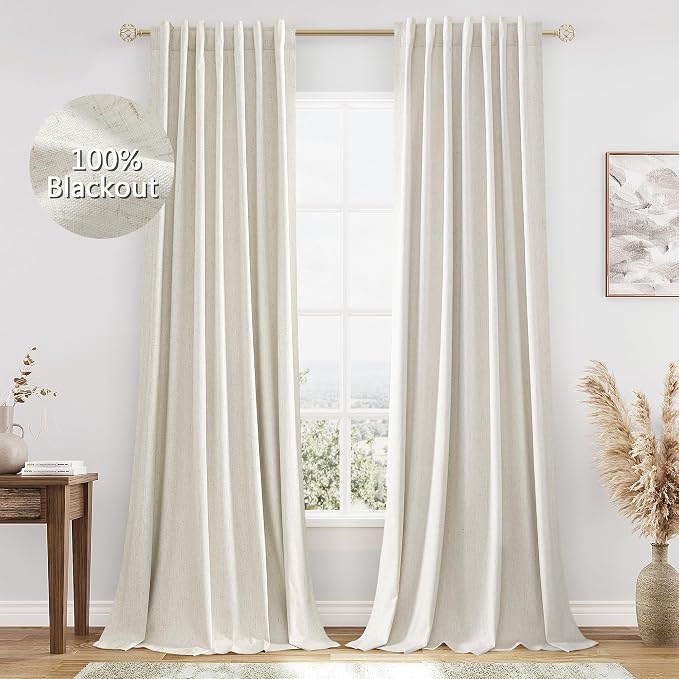 Guken 100% Blackout Linen Curtains for Bedroom 90 Inches Long Natural Cream Black Out Curtain Back Tab Thermal Insulated Room Darkening Window Drapes for Living Dining Room 2 Panels Beige Ivory 52x90
