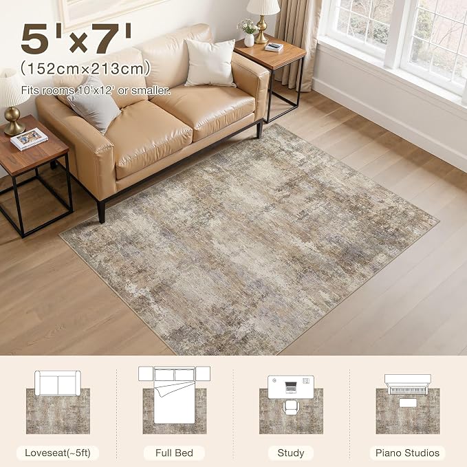 Area Rugs 5x7, Non Slip Low Pile Soft Washable Rug for Living Room | Modern Abstract Large Carpet, Stain Resistant and Kid & Pet Friendly, Made for Bedroom, Nursery, Dining Room - Dark Brown