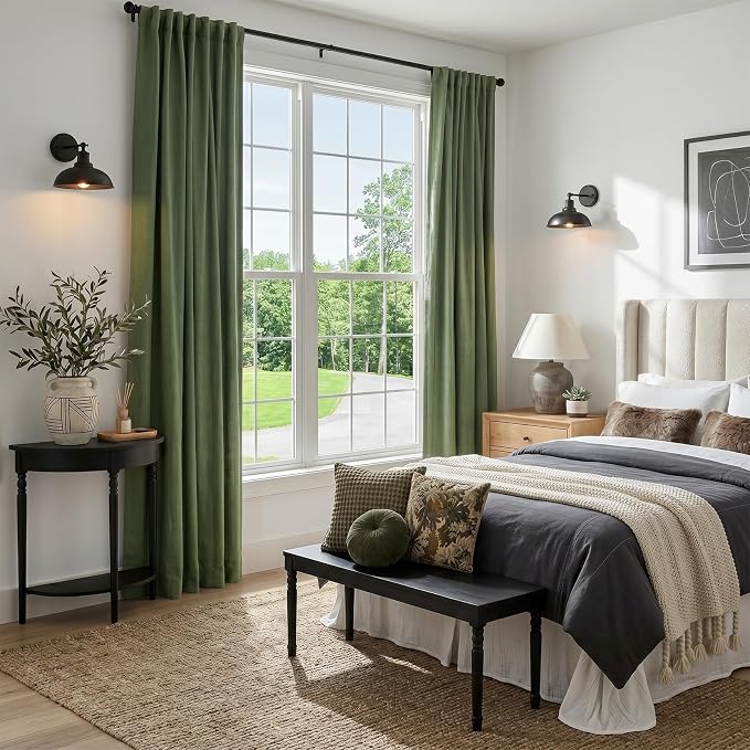 INOVADAY 100% Blackout Curtains 90 Inches Length 2 Panels Set, Back Tab/Rod Pocket Linen Black Out Curtains for Bedroom, Thermal Insulated Window Drapes - Olive Green, W50 X L90