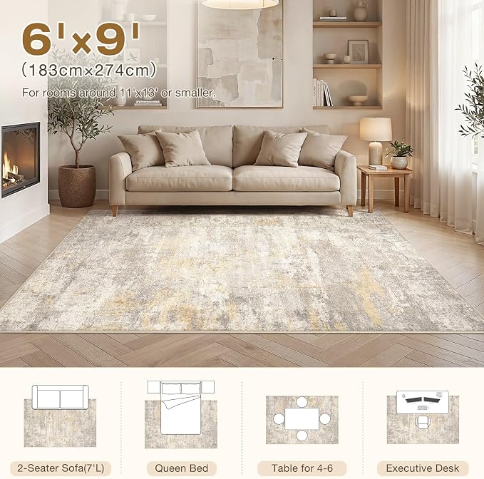 cotiled 6x9 Area Rugs Abstract Soft Non Slip Washable Living Room Rug | Stain Resistant, Robot Vacuum & Pet Friendly, Low-pile, For Living Room, Bedroom, Dining Table, Nursery Gold/Grey/Brown