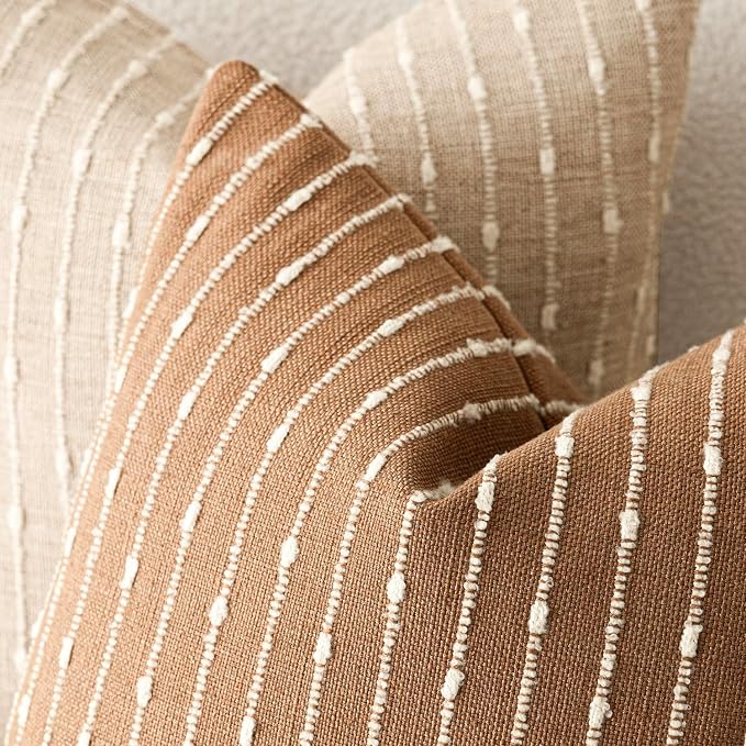 Foindtower Pack of 2 Decorative Jacquard Boucle Throw Pillow Covers Accent Textured Striped Pillowcases Soft Boho Modern Cushion for Couch Sofa Bedroom Living Room Home Decor 20x20 Inch Rust Tobacco