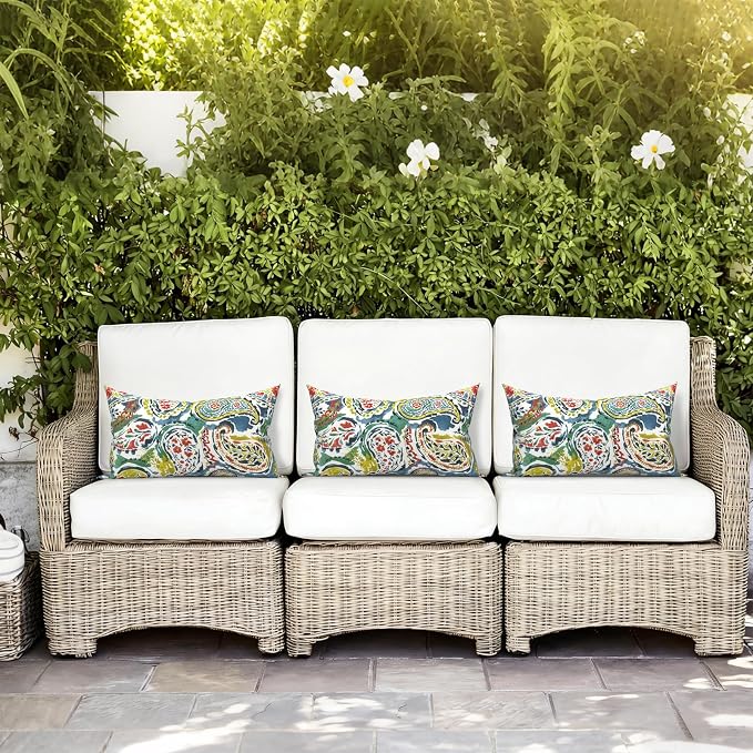 LVTLVTXIII 12×20 Inch Outdoor Lumbar Pillows, Pack of 2 Water Repellent Lumbar Pillow with Inserts, Fluffy Decorative Garden Lumbar Cushions for Home Patio Coach Sofa Use, Paradise Paisley
