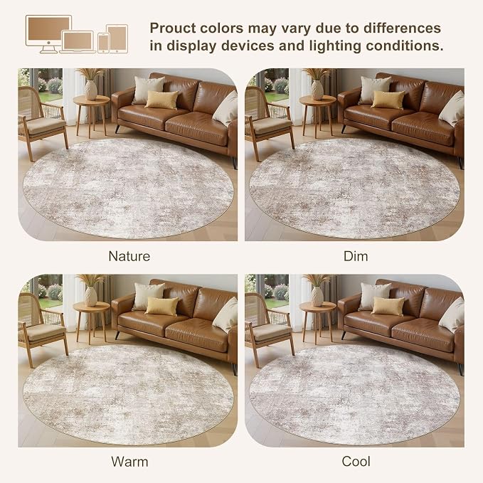 10ft Round Area Rugs for Living Room, 10x10 Washable Non Slip Soft Large Rugs for Bedroom Dining Room, Modern Abstract Low Pile Stain Resistant Carpet for Laundry Office Home Decor - Brown