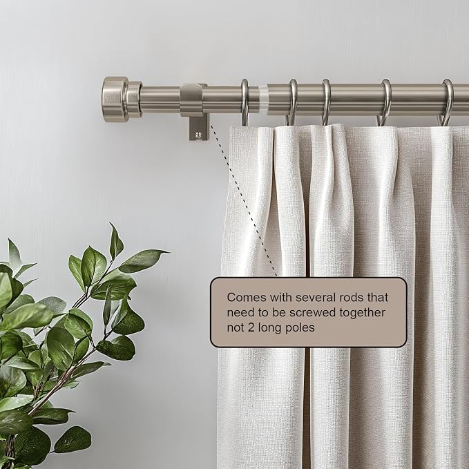 Lootkell 2 Pack Brushed Nickel Curtain Rods for Windows 66-120 Adjustable | Heavy Duty 1" Window Curtain Rod,Solid Metal Finials,Modern Design,Fits Outdoor,Kitchen,Bedroom,Living Room,Farmhouse,Patio