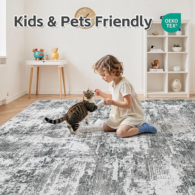 6x9 Area Rugs Living Room Rug Modern Abstract Neutral Washable Rugs Non Slip Soft Carpet Large Area Rug Low Pile Stain Resistant Non Shedding for Bedroom Nursery Dining Room Home Office Gray