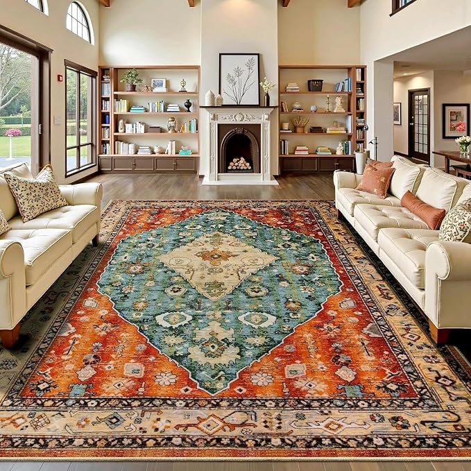 SERISSA Washable Rugs 9x12 Area Rugs, Large Non-Slip Boho Living Room Rug, Ultra Soft Vintage Print Distressed Oriental Tribal Farmhouse Carpet for Dining Room Bedroom Dorm Office Home Decor