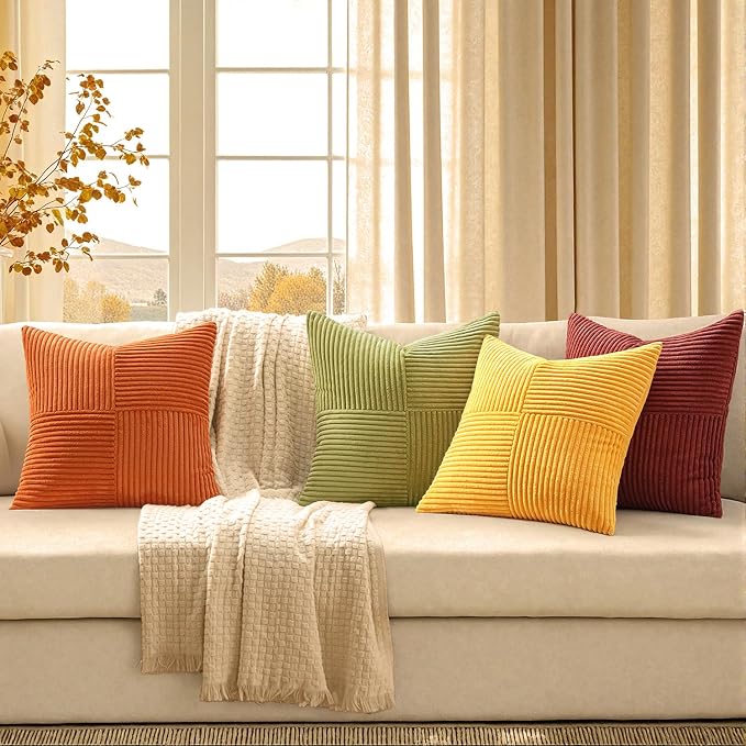 MIULEE Fall Yellow Orange Rust Throw Pillow Covers 20x20 Inch 4 Packs Boho Farmhouse Decorative Color-Clash Pillow Cases Soft Cushion Cases for Couch Sofa Bed Corduroy Striped Home Decor