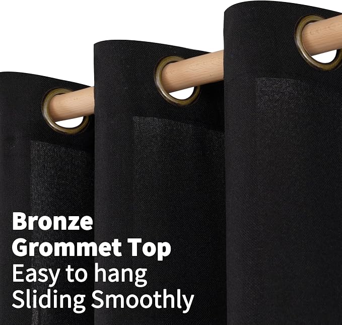 YoungsTex Black Linen Semi Sheer Curtains 63 Inch Length 2 Panels | Bronze Grommet Drapes Light Filtering for Bedroom Living Room Gothic Decorative, 52 X 63 Inch