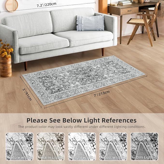 Grey Rug Runner 3x7 Ft Washable Hallway Runner Rug Runner Non-Slip Boho Vintage Runner Rugs with Rubber Backing Soft Distressed Carpet for Kitchen Bedroom