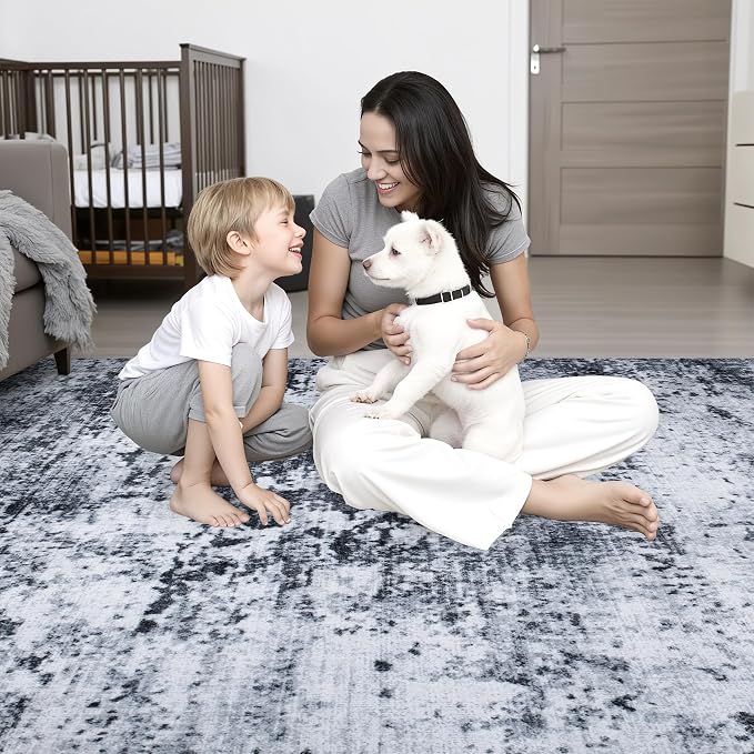 Round Area Rug for Living Room: 4 ft Washable Modern Abstract Soft Thin Rug Indoor Floor No Slip Stain Resistant Carpet for Bedroom Dining Room Farmhouse Nursery Home Office - Black