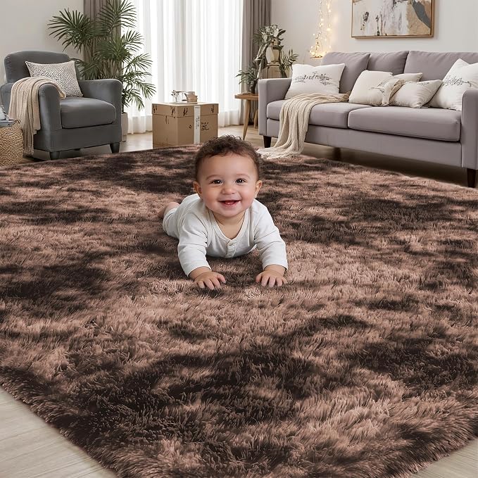Area Rug for Living Room Bedroom: 4x6 Soft Fluffy Shag Upgrade Non-Slip High Pile Carpet Large Fuzzy Plush Indoor Floor Decor Shaggy Coffe Tie-Dyed Rug for Kid Boys Girls Playroom Nursery Modern Home