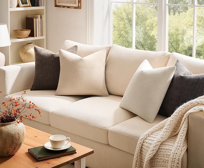 Pack of 4 Throw Pillow Covers 18x18 Inch Chenille Textured Neutral Soft Pillow Covers Solid Decorative Farmhouse Cushion Covers Home Boho Decor for Couch Sofa Bed Living Room