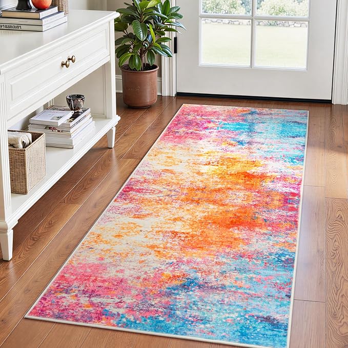 Rugflix 2x6 Runner Rug for Entryway, Kitchen Rugs Soft Non-Slip Washable Runners for Hallway, Abstract Small Carpet with Non-Slip Backing for Bedroom, Living Room, Rainbow