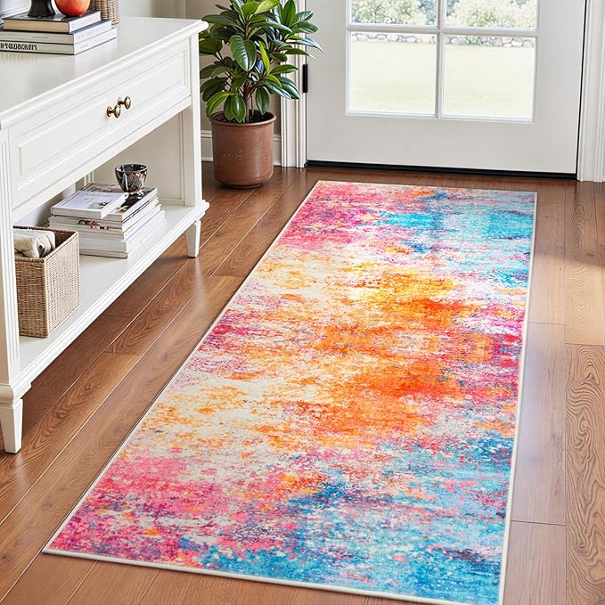 Rugflix 2x8 Runner Rug for Entryway, Kitchen Rugs Soft Non-Slip Washable Runners for Hallway, Abstract Small Carpet with Non-Slip Backing for Bedroom, Living Room, Rainbow
