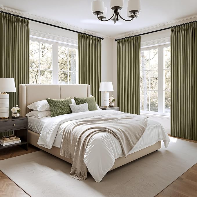 MIULEE Pinch Pleated Thick Linen Curtains 102 Inch 4 Panels Set Back Tab Memory Trained Pinch Pleat Semi Sheer Light Filtering Curtains Let Light in Window Drapes for Living Room Bedroom Olive Green