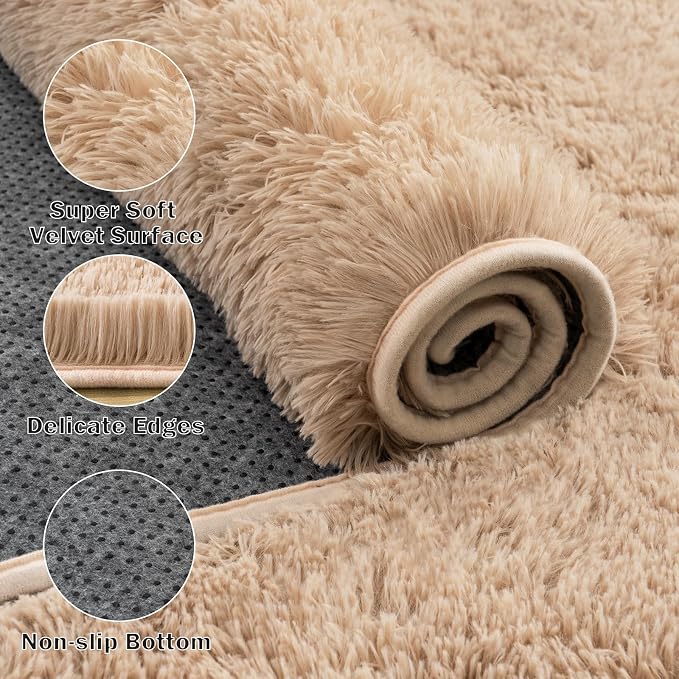 Large Area Rugs for Living Room Bedroom 4x6 Beige Fluffy Shag Rugs | Ultra Soft Shaggy Plush Fuzzy Modern Indoor Throw Floor Carpet for Kids Girls Boys Dorm Nursery Home Decor Aesthetic