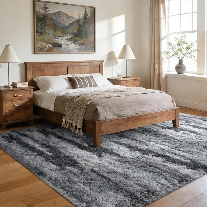 Large Shaggy 6x9 Area Rugs for Living Room Decor, Non-Slip Tie-Dyed Rugs for Bedroom Kids Playroom Dorm Room, High Pile Ultra Soft Carpet, Grey