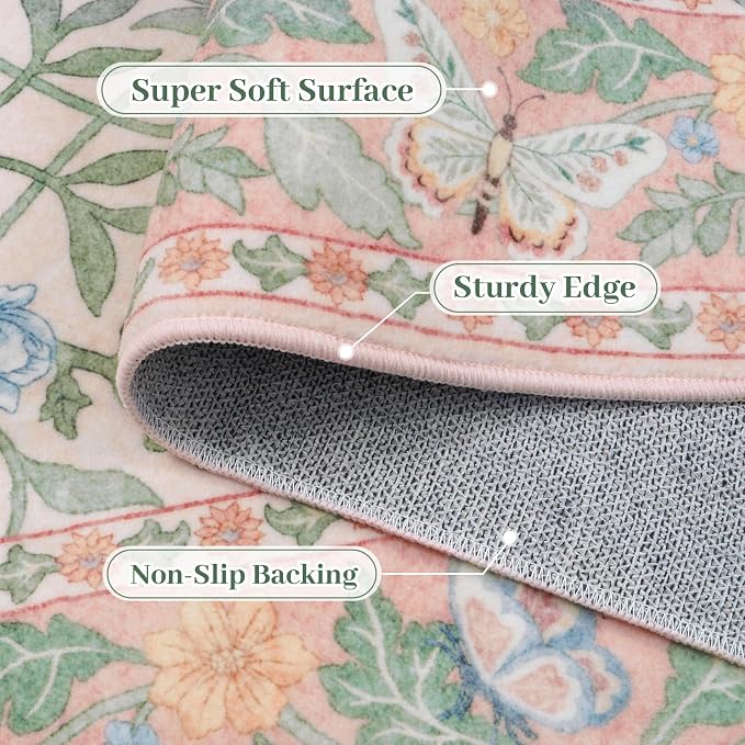 Collive Pink 5x7 Butterfly Area Rug, Vintage Floral Rug for Girls Bedroom Washable Non Slip, Soft Ultra Thin Boho Insect Carpet for Living Room Nursery Kids Room Playroom