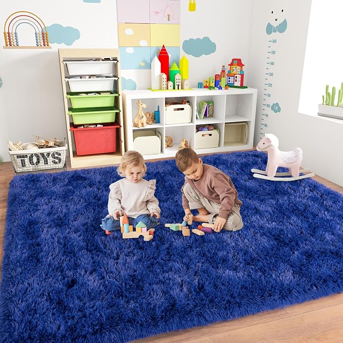 Dssimo Blue Fluffy Rugs for Bedroom 4x6 Soft Shag Carpet for Bedside | Plush Furry Upgrade Non-Slip Blue Area Rug for Living Room Nursery Kids Room Dorm Room Home Decor, Indoor Floor Carpet