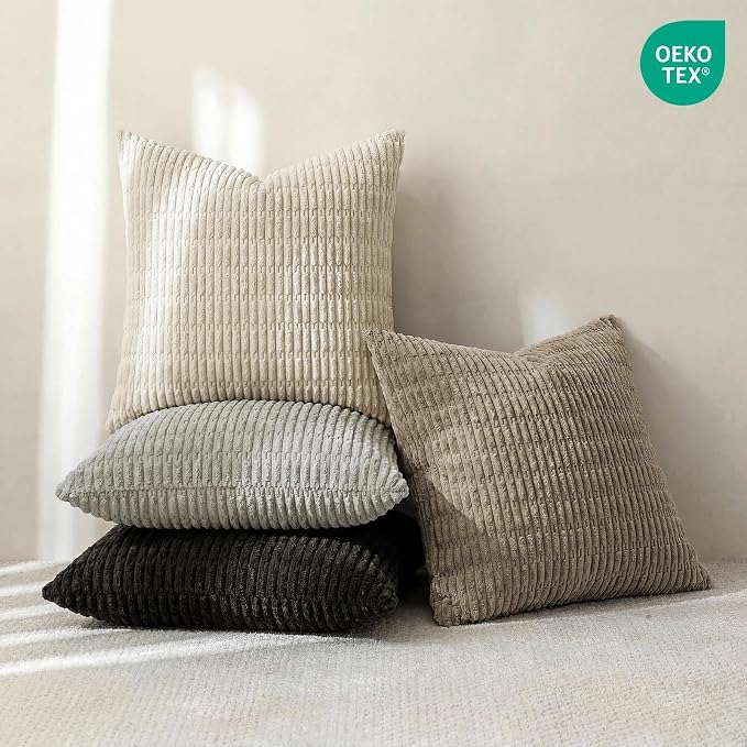 Softalker Throw Pillow Covers 20x20 Inch, Set of 4, Corduroy Soft Striped Farmhouse Boho Pillow Cover, Modern Decorative Cushion Pillow Case for Couch Sofa Bedroom Living Room, Grey/Brown