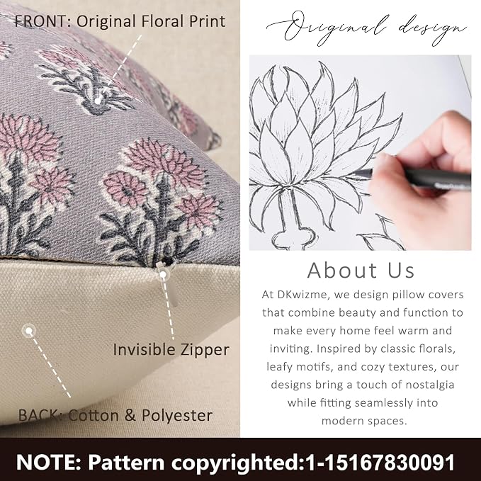 Farmhouse Floral Pillow Covers 18x18 Set of 2, Country Botanical Throw Pillow Cover for Sofa Couch Bed Living Room, Earthic Vintage Flower Cushion Covers Cottage Home Decor,Dusty Rose