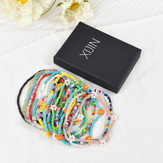 XIJIN 18 Pieces Elastic Beaded Anklets for Women Handmade Beach Boho Colorful Beads Ankle Bracelets Set