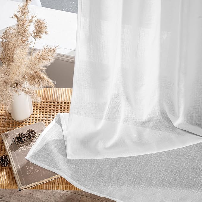 MIULEE White Linen Curtains 108 Inches Long 2 Panels for Bedroom Living Room, Soft Thick Linen Textured Back Tab Window Drapes Semi Sheer Light Filtering Rod Pocket Modern Farmhouse Decor