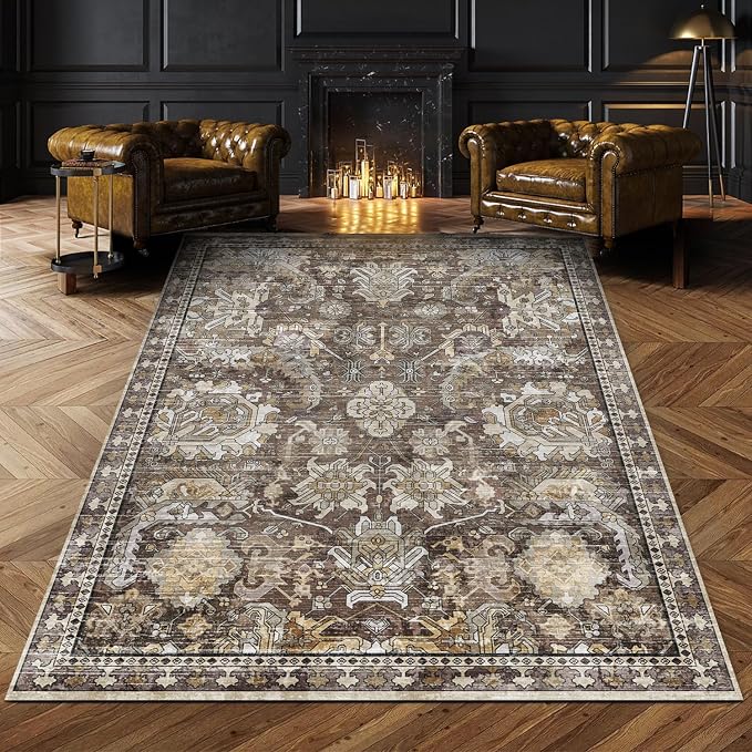 RUGSURE Washable Area Rugs - Perfect for Living Room, Bedroom, Kids Room, Nursery - Stain & Water Resistant Non-Slip, Pet & Child Friendly, Vintage Tribal Area Rugs (Ivory, 5' x 7')