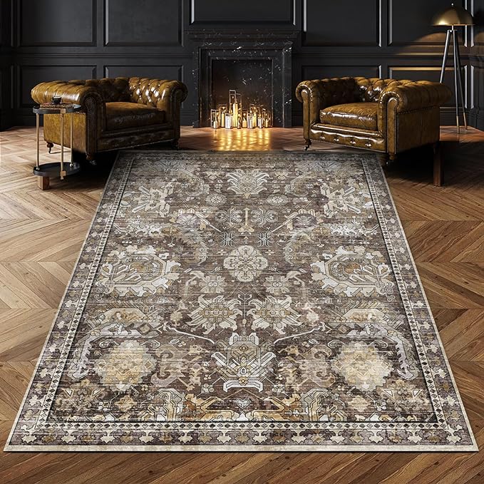 RUGSURE Washable Area Rugs - Perfect for Living Room, Bedroom, Kids Room, Nursery - Stain & Water Resistant Non-Slip, Pet & Child Friendly, Vintage Tribal Area Rugs (Ivory, 6' x 9')